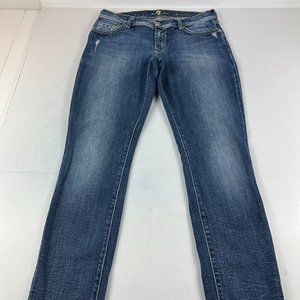 7 For All Mankind Jean Women 27 The Skinny Blue Whisker Distressed Stretch Denim